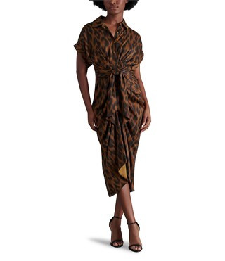 Steve Madden Tori Satin Leopard Print Point Collar Short Kimono Cuff Sleeve Ruched Front Asymmetr... | Dillard's