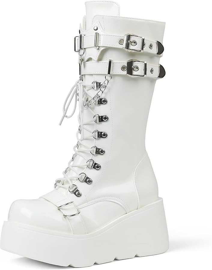 Women's Black Platform Boots Wedge Combat Gothic Chunky Heel Lace Up Mid Calf Punk Motorcycle Sho... | Amazon (US)