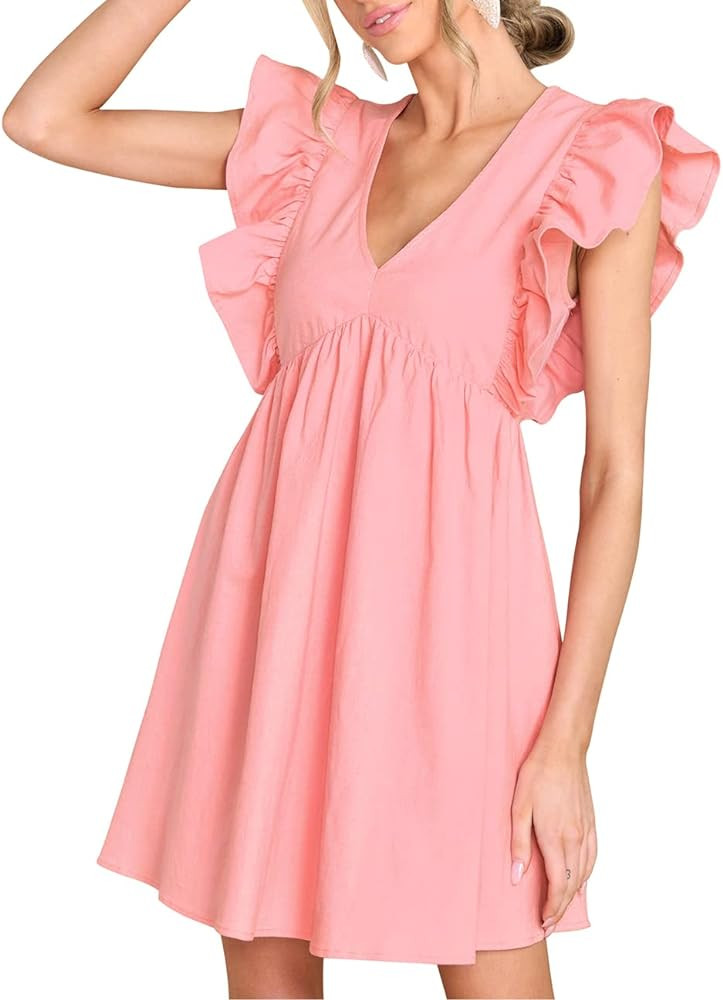 FANCYINN Women's Summer Casual Babydoll Mini Dress Ruffle Sleeveless Deep V Neck High Waist Swing... | Amazon (US)