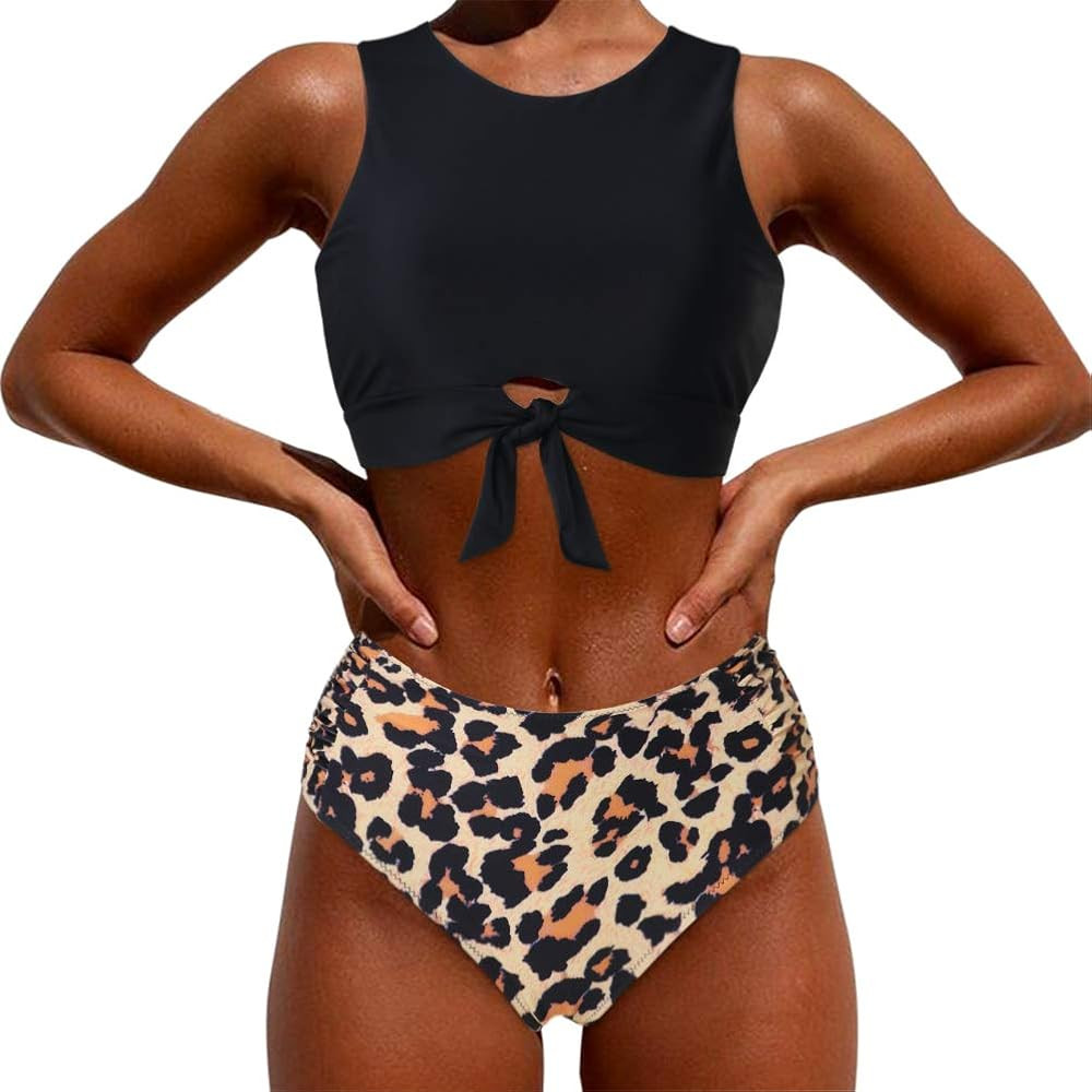 MOOSLOVER Women High Neck Top Knotted Front Tankini Set High Waisted Bathing Suit | Amazon (US)