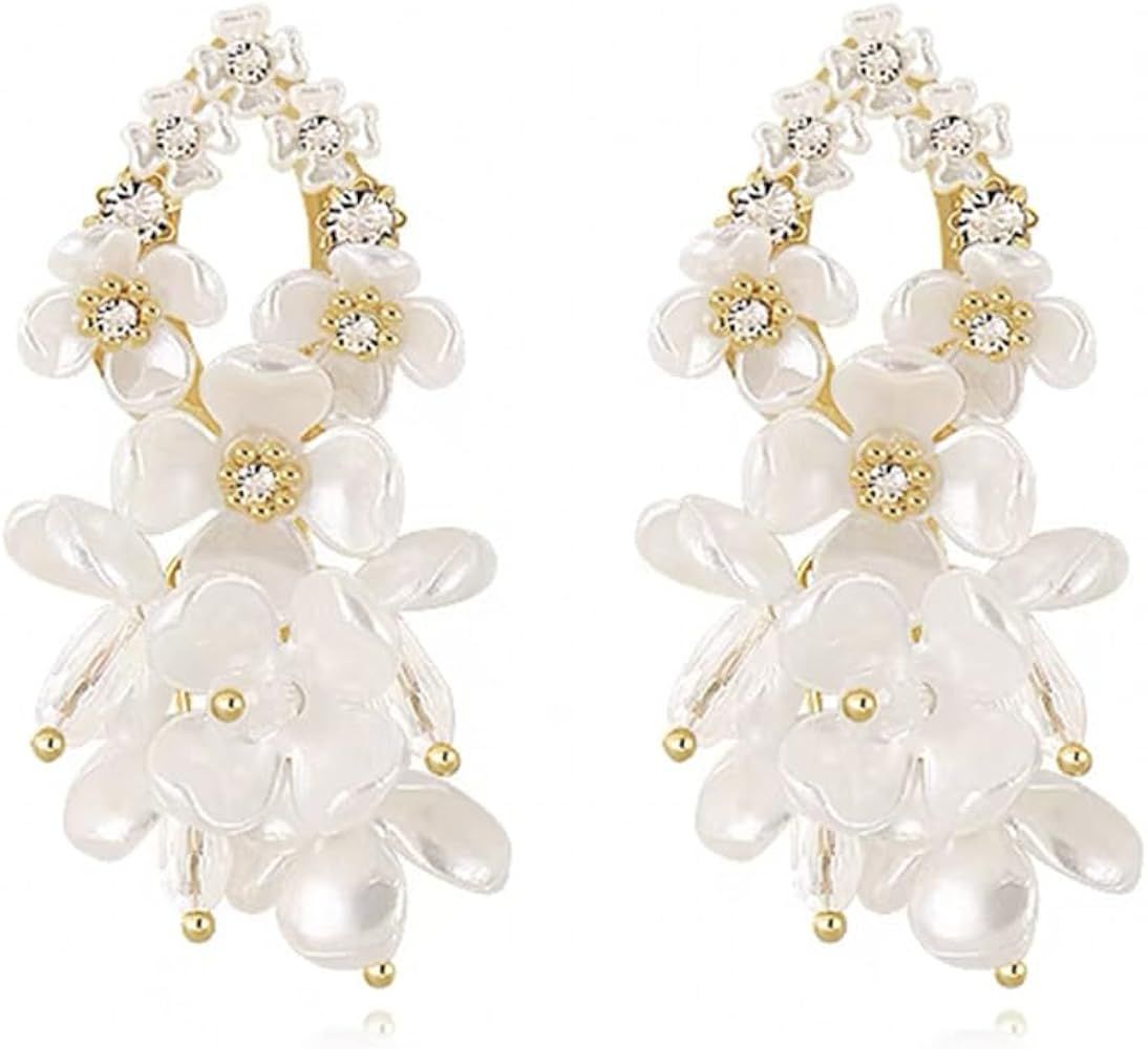 Acrylic Flower Teardrop Dangle Earrings for Women Girls Gold Plated Cubic Zirconia Artificial Pea... | Amazon (US)