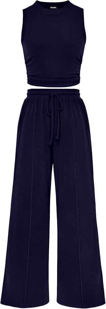 BTFBM Women Summer 2 Piece Outfits Ribbed Knit Crew Neck Sleeveless Cropped Top Elastic Waist Wid... | Amazon (US)