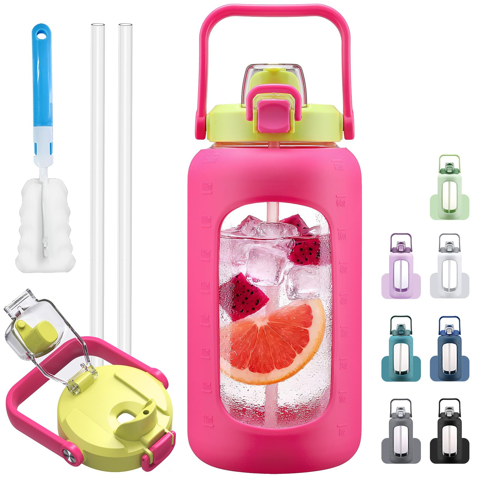 72oz Glass Water Bolttles with Straw, 2-in-1 Spout and Handle Lid, Half Gallon Water Bottle with ... | Amazon (US)