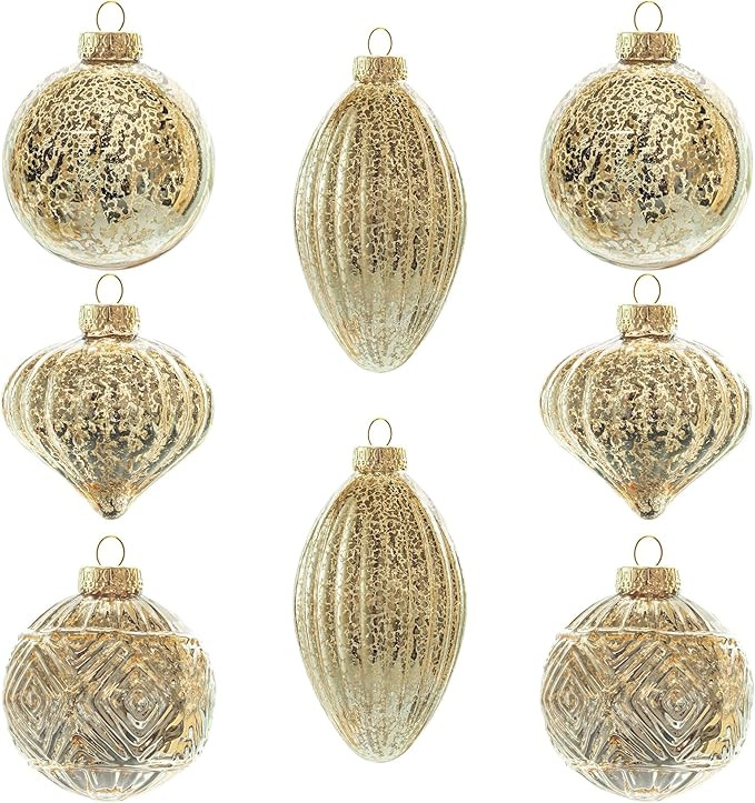 KI Store Mercury Glass Christmas Ornaments Set of 8 Champagne Gold Hanging Christmas Balls Finial... | Amazon (US)