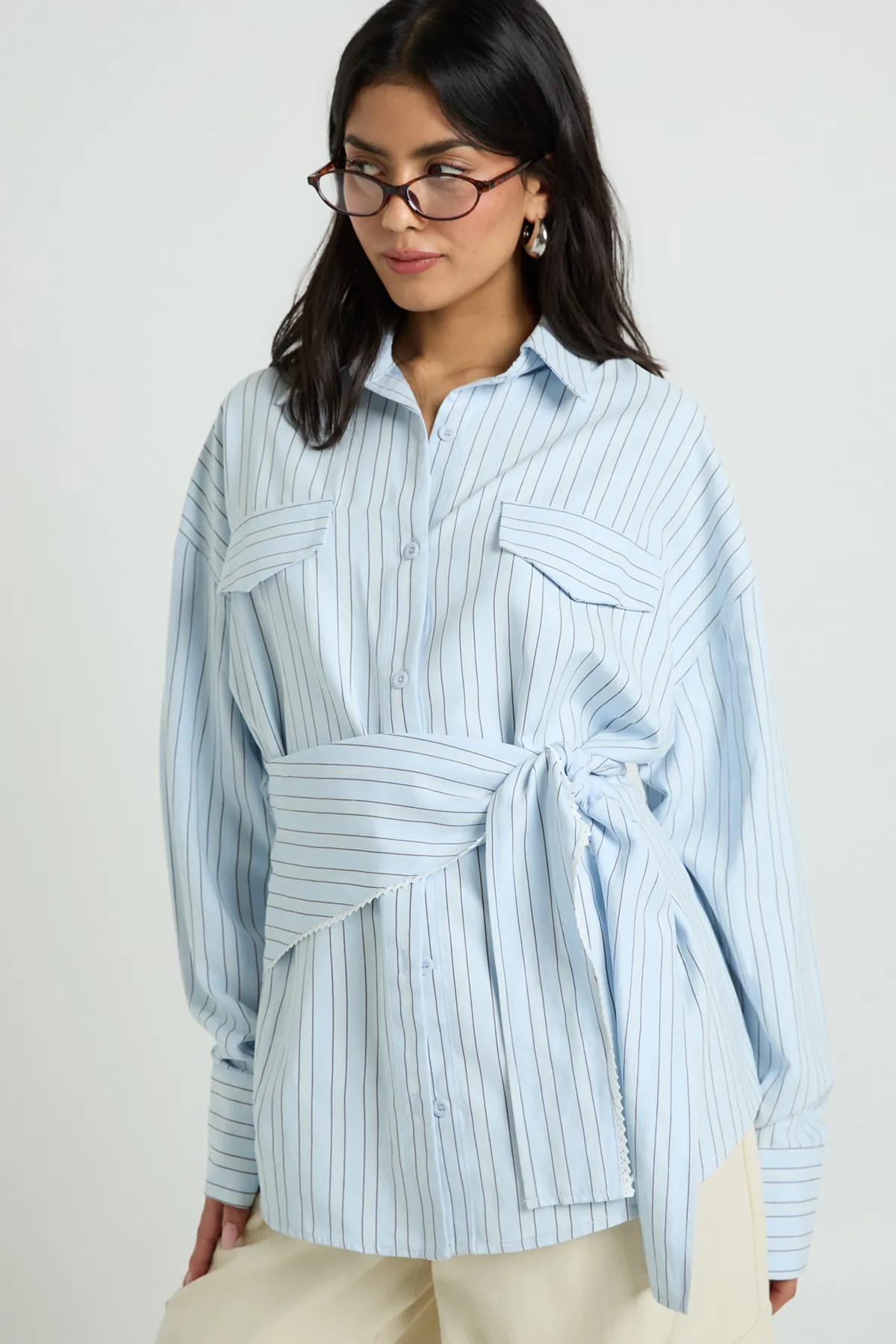 Shirts | Oversized Woven Stripe Shirt With Waist Tie | boohoo | boohoo (US & Canada)
