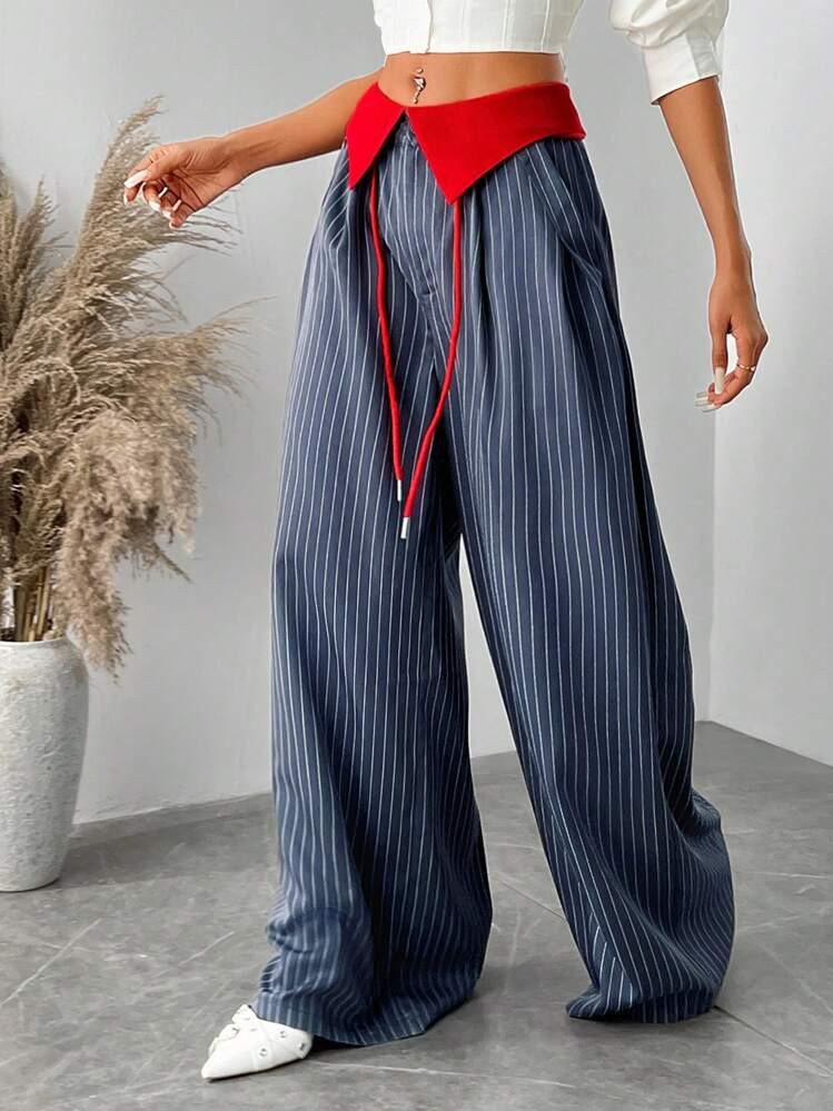 SHEIN SXY Women's Casual Contrast Color Striped Loose Wide Leg Pants | SHEIN