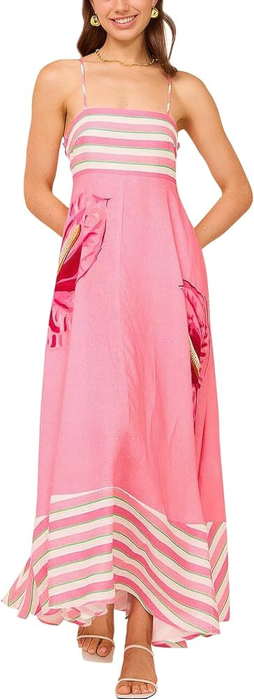 Women Spaghetti Strap Graffiti Maxi Dress Sleeveless Loose Boho Flowy Long Sundress Colorful A Li... | Amazon (US)