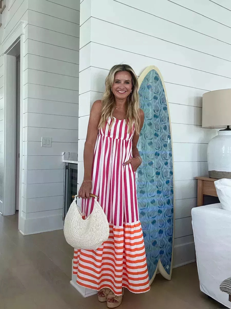 I'm obsessed with this pink and orange striped maxi! Paired it with cute heels and my fave bag. Grab 15% off using code FANCY15 (I'm wearing an XS for size reference!). 

 #LTKSeasonal #LTKFindsUnder100 #LTKStyleTip