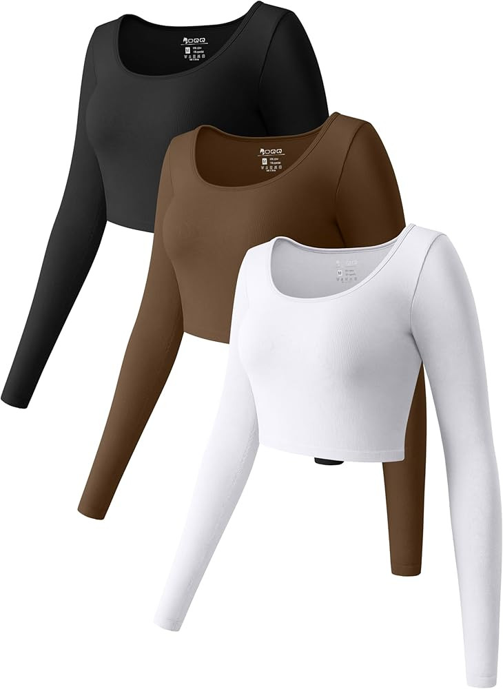 OQQ Women's 3 Piece Crop Tops Long Sleeve Round Neck Stretch Fitted Underscrubs Shirts Crop Tops | Amazon (US)