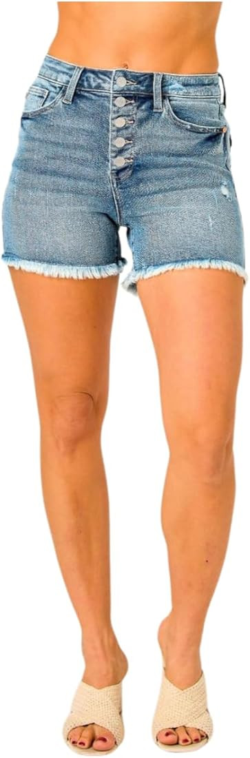 Judy Blue Button Fly Raw Hem Denim Shorts | Amazon (US)