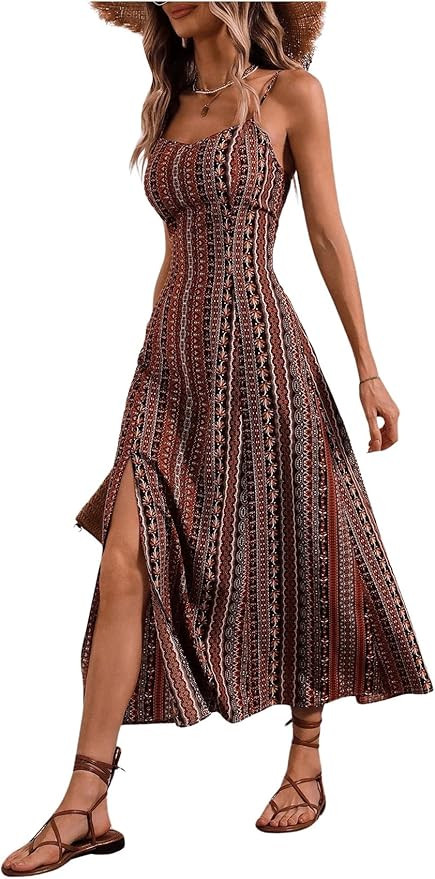 Women's Tribal Printed Cami Long Dress Sleeveless Backless High Slit Side A Line Maxi Dresses | Amazon (US)