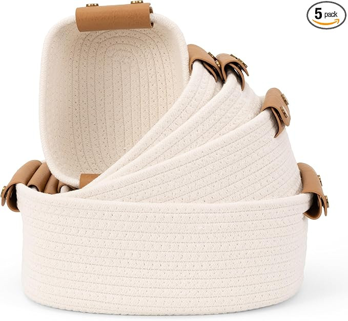Beautiful Storage Basket Set of 5 - Sturdy Cotton Rope Baskets for Shelves Are Perfect for Organi... | Amazon (US)