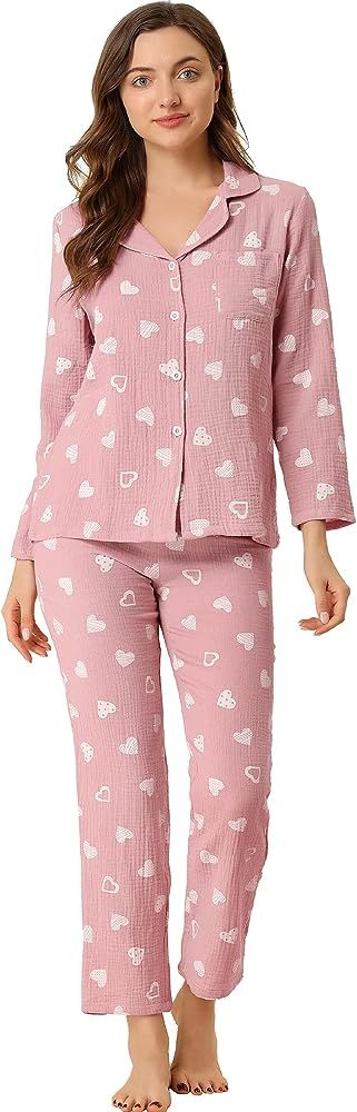 Allegra K Women's Sleepwear Lounge Heart Button Down Nightwear 2pcs Pajama Sets | Amazon (US)