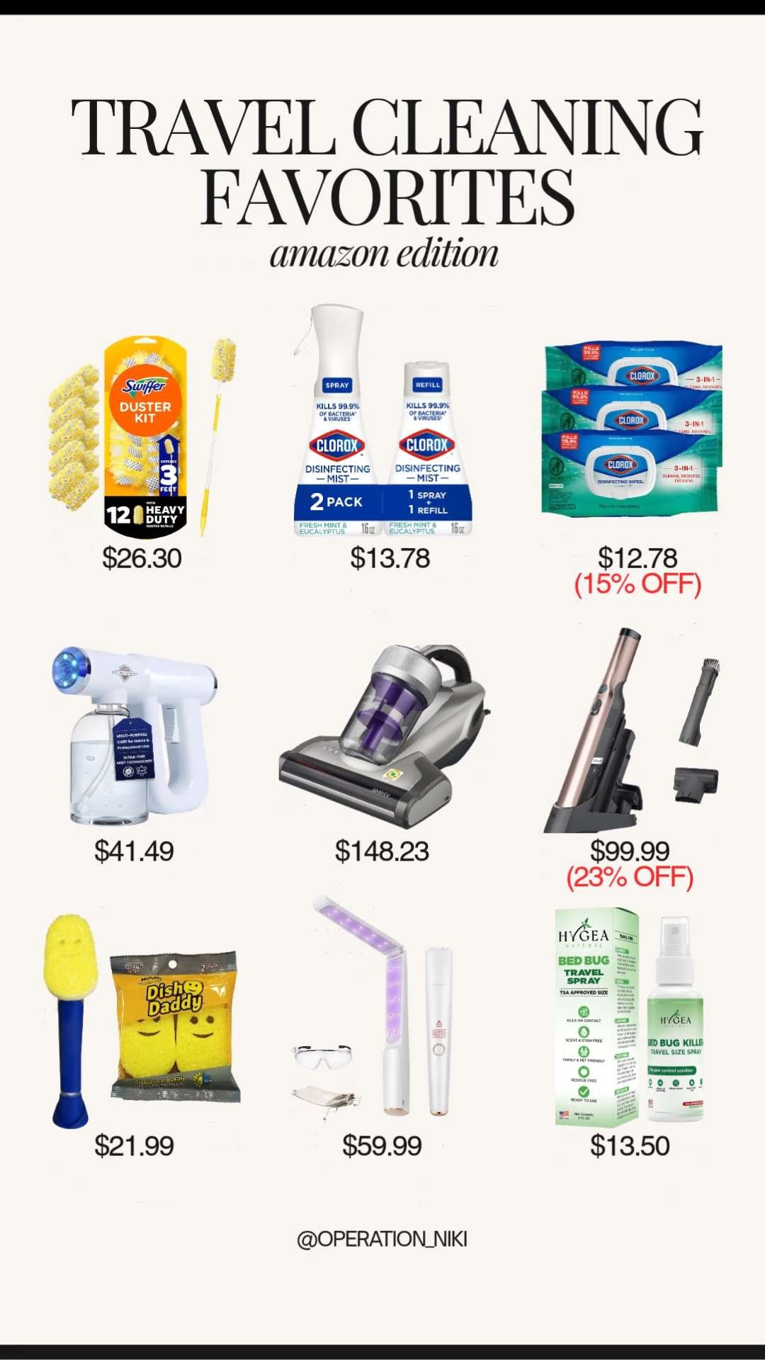 Keep your space spotless no matter where you go with these Travel Cleaning Favorites. ✈️🧼 There is nothing like the peace of mind that comes with a clean and sanitized environment while you are away from home.

From portable sanitizers to compact cleaning tools, these Amazon essentials are a must for your next trip. Whether you are staying in a hotel or an Airbnb, these favorites make it so easy to stay refreshed and organized on the move. ☁️✨

Follow for more @OPERATION_NIKI on IG, TikTok, & Facebook

#TravelEssentials #CleanTravel #AmazonTravel #TravelHacks #OrganizedTravel #SpringTravel #OperationNiki #AmazonFinds #TravelTips #CleanHome #SpringRefresh #TravelMustHaves 

 #LTKHome #LTKTravel