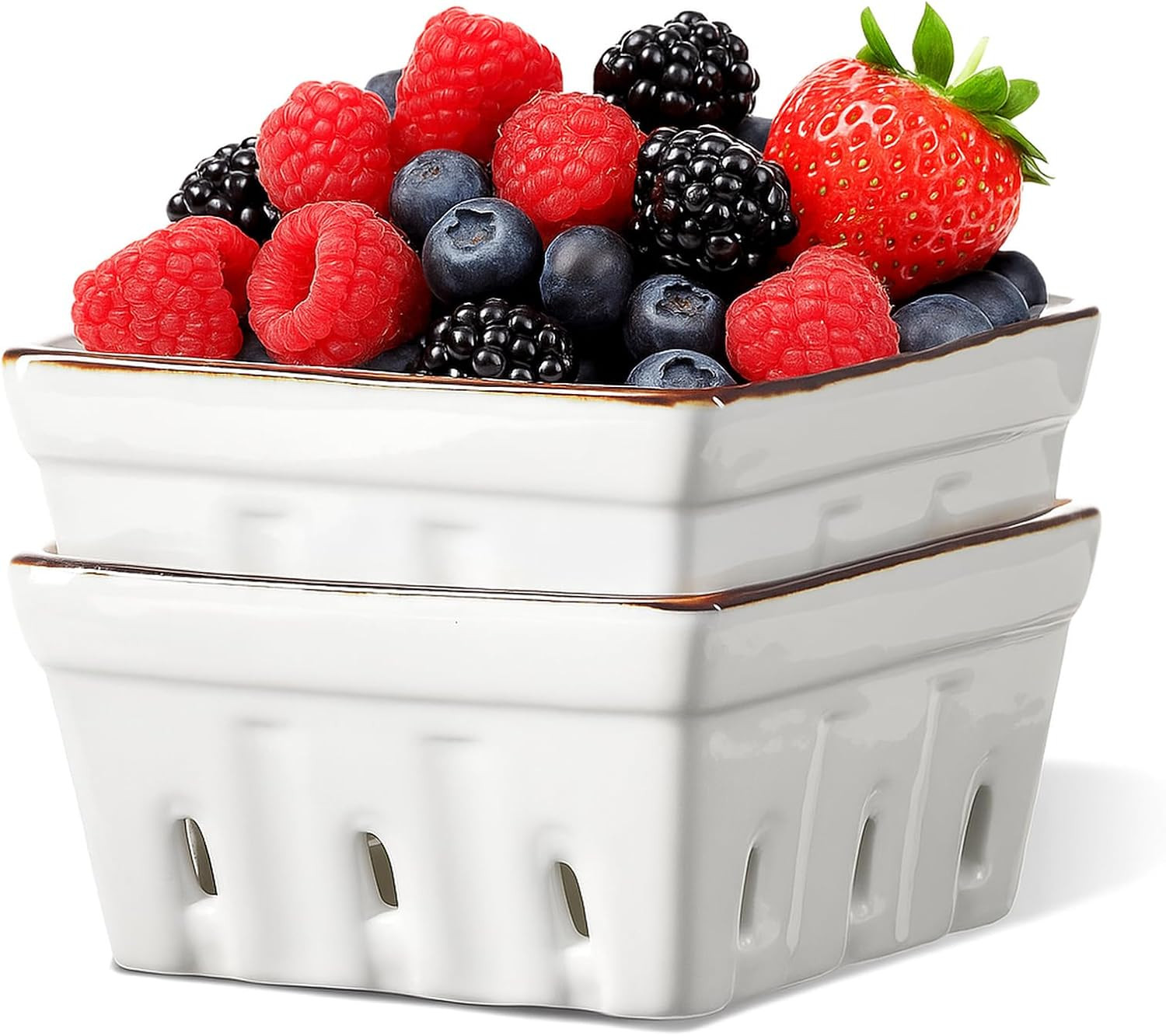 ONEMORE Ceramic Berry Basket Square Fruit Bowls with Holes Berry Bowl Colander Fruit Basket for Kitchen Décor - 5.8" Berry Containers for Fridge, Set of 2, Cream White | Amazon (US)