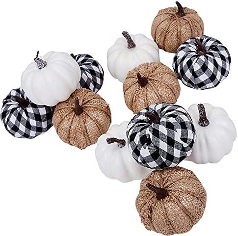 Artmag 12 Pcs Assorted Fall Artificial Pumpkins Burlap Pumpkins Faux Harvest White Pumpkins and F... | Amazon (US)