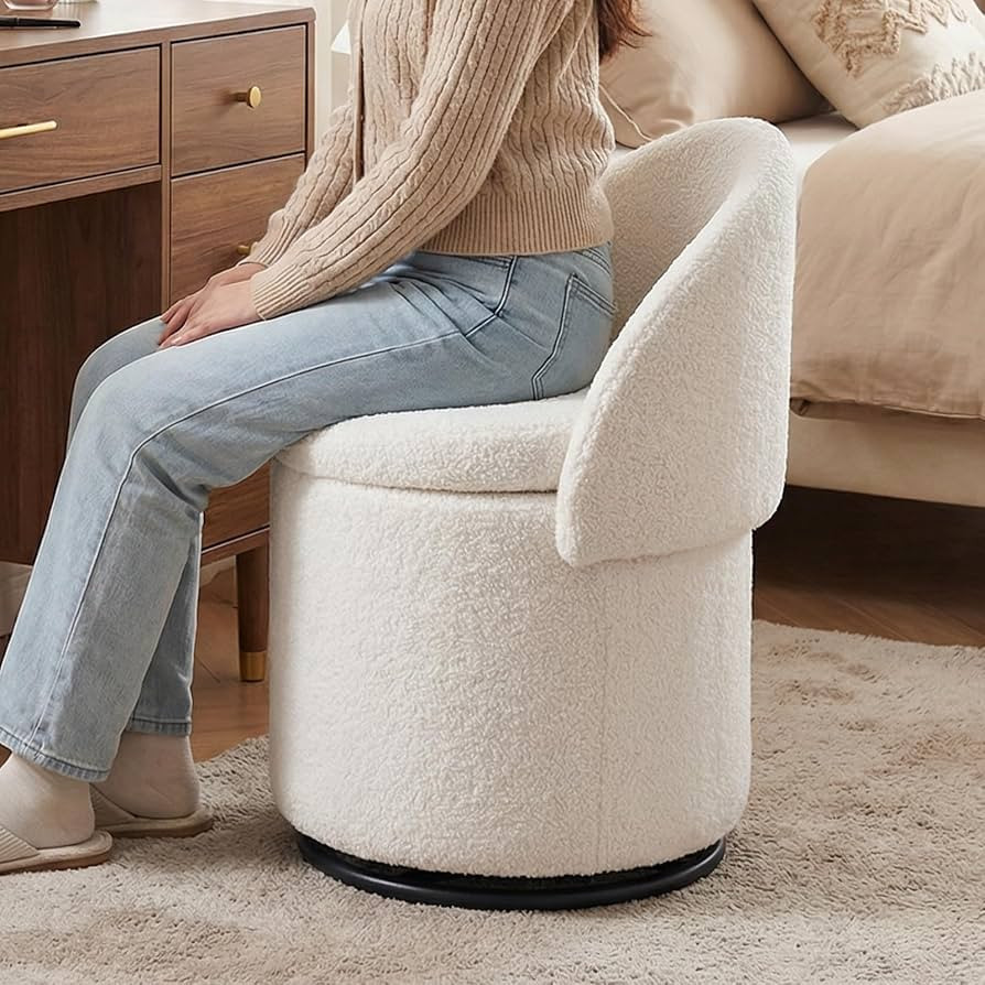 LukeAlon Sherpa Makeup Ottoman with Storage, Upholstered 360\u00b0 Swivel Vanity Stool with Folda... | Amazon (US)