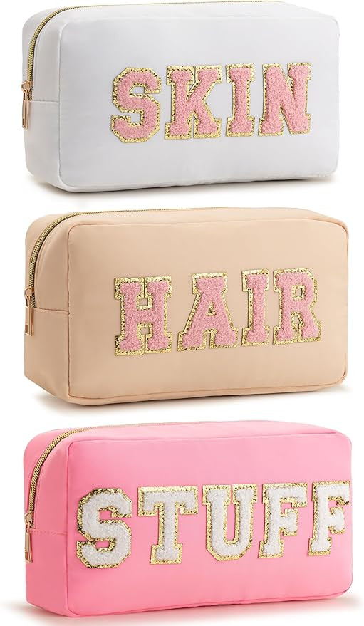 Vorey 3PCS Preppy Makeup Bag for Women Nylon Travel Toiletry Bag Chenille Letter Cosmetic Bag Cut... | Amazon (US)