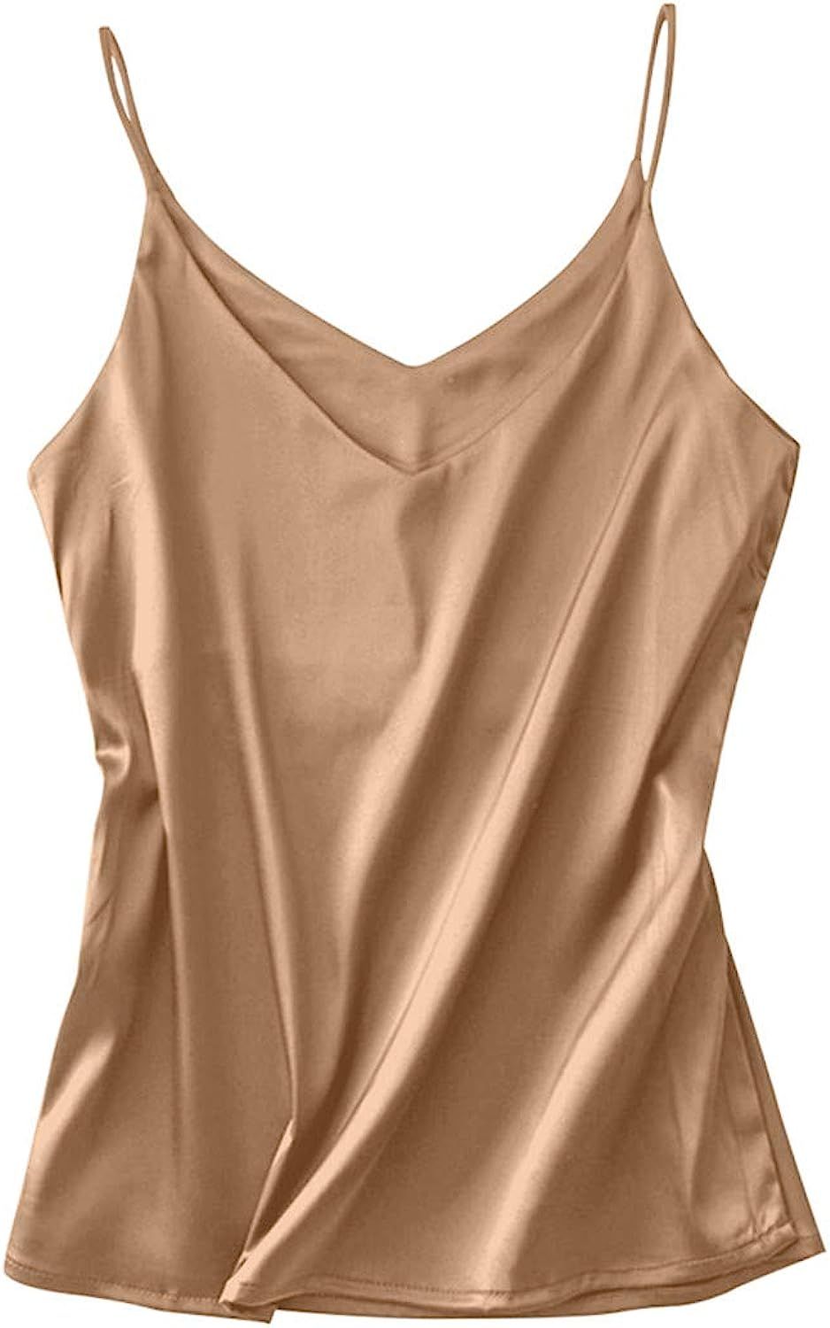 Miqieer Basic Womens Silk Tank Top Ladies V Neck Camisole Silky Loose Sleeveless Blouse Satin Tank  | Amazon (US)