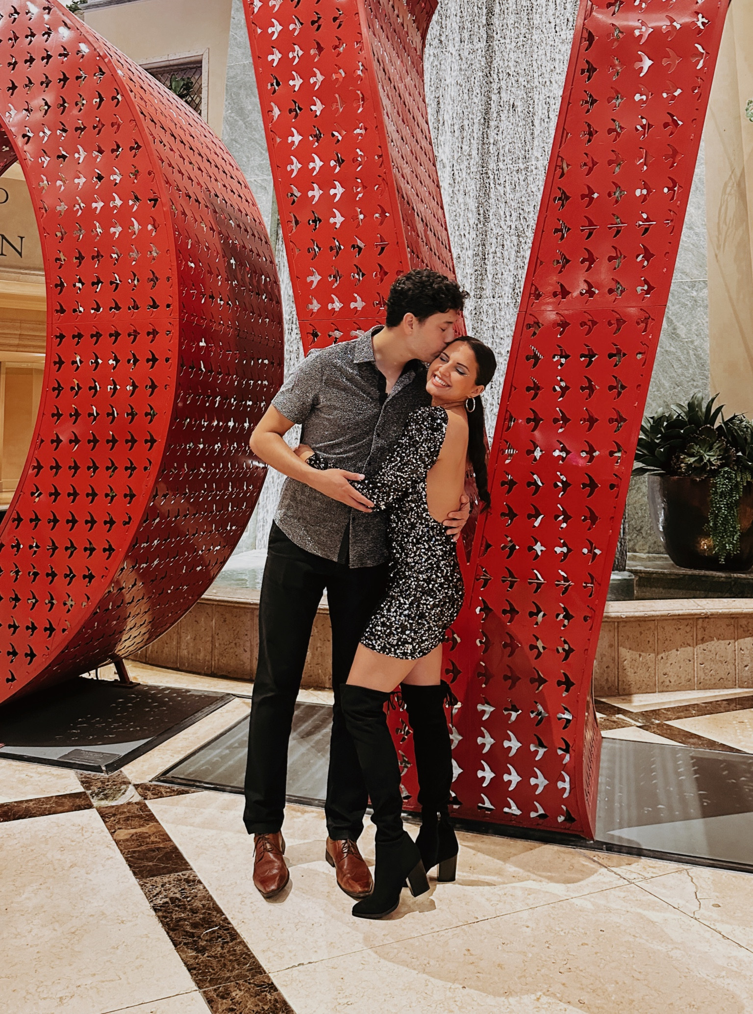 Open back full sparkle dress! Wore it for our glitz and glam night out in Vegas! Also love this sparks shirt for my husband! #erastour #openbackdress #sparklydress #sequindress #nordstrom #menssequin #sequins #mensfashion
