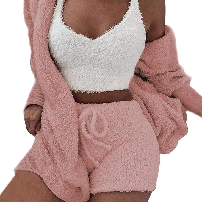 VNVNE Womens Sexy Fuzzy Warm Sherpa Fleece 3 Piece Outfit Fleece Coat Jacket Outwear and Spaghett... | Amazon (US)