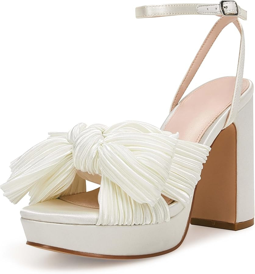 VETASTE Women's Pleated Bow Knot Platform Heeled Sandals Open Toe Chunky Block Heel Ankle Buckle ... | Amazon (US)