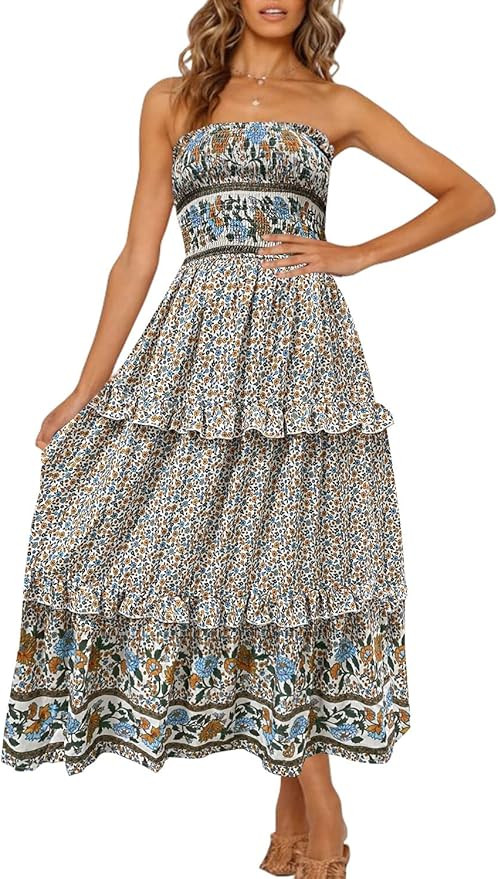 ZESICA Women's Summer Bohemian Floral Printed Strapless Beach Party Long Maxi Dress | Amazon (US)