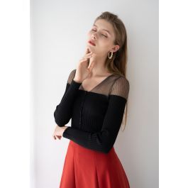 Mesh Shoulder Buttoned Fitted Knit Top in Black | Chicwish