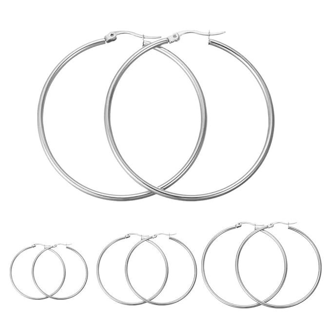 Calors Vitton 4 Pairs Stainless Steel Round Hoop Earrings for Women 15mm-60mm | Amazon (US)