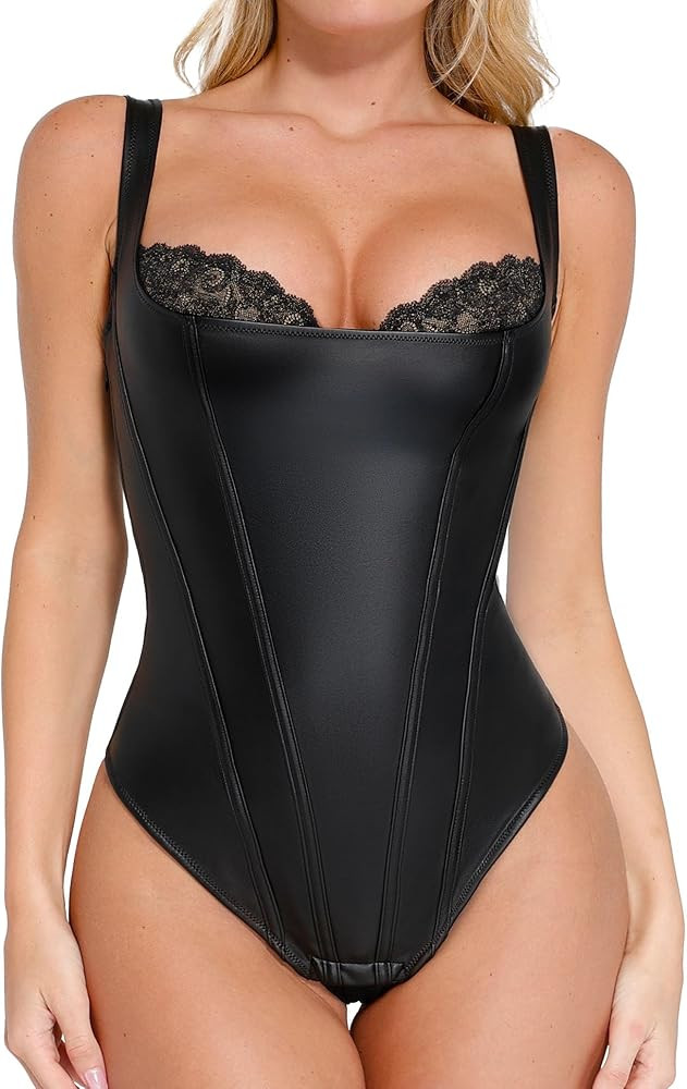 Popilush Leather Corset Tops for Women - Lace Shapewear Bodysuits Tummy Control Faux Leather Thon... | Amazon (US)