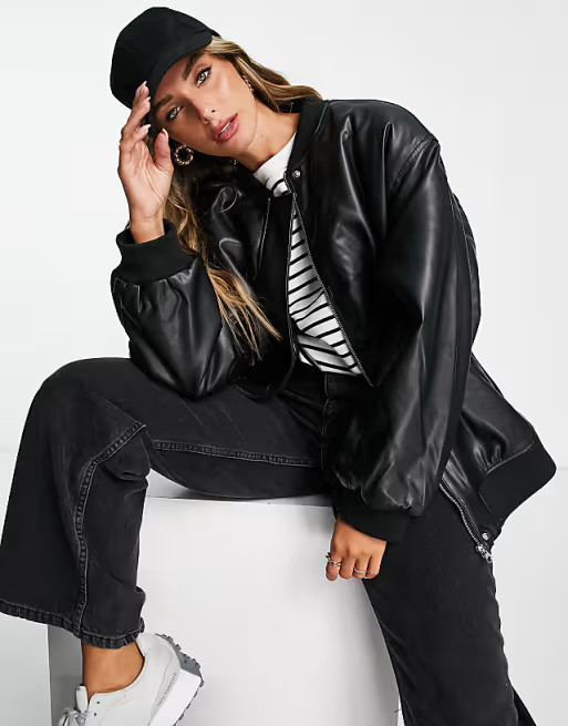 ASOS DESIGN faux leather oversized bomber jacket in black | ASOS (Global)