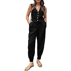 PRETTYGARDEN Women's Summer Two Piece Outfits V Neck Button Front Cropped Tank Tops Vest Pockets ... | Amazon (US)