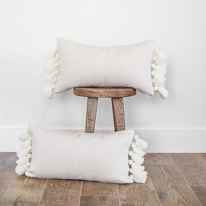 Woven Nook Decorative Cream Lumbar Pillow Cover, Cotton, Pom Pom Style, 12" x 20" (Set of 2) | Amazon (US)
