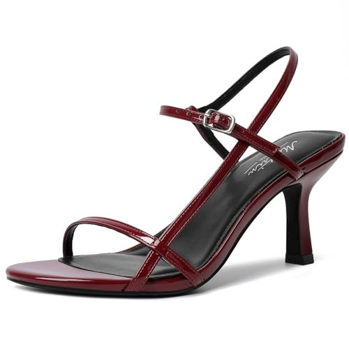 Mostrin Women's Kitten Low Burgundy Strappy Heels for Women Open Round Toe Ankle Strap Heels Sexy Fashion Comfort Dress Shoes Party Pumps Heeled Sandals Size 11 | Amazon (US)