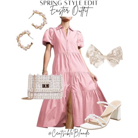 Spring outfit
Spring dress
Pink dress
Midi dress
Modest dress
Easter dress
Easter outfit
Pearl earrings
Pearl bag
Tweed bag
Pearl heels
Heeled sandals
Spring sandals
Bridal shoes
Pearl hairbow
Button down dress
Amazon dress