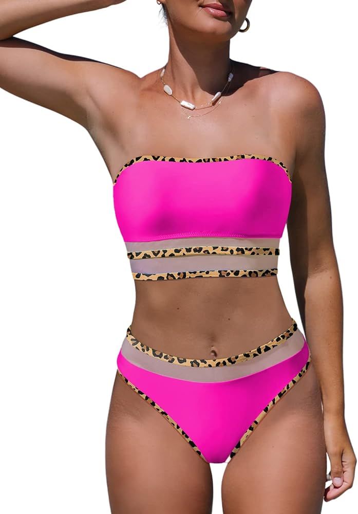popvil Two Piece Bikini Sets for Women Strapless Cutout Bathing Suits High Waisted Swimsuit | Amazon (US)