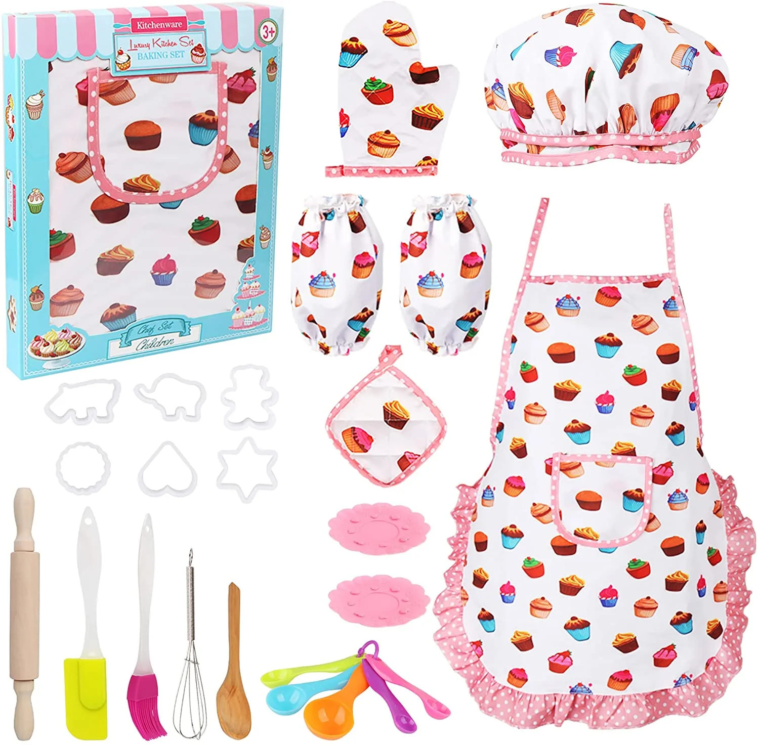 Vanmor Cute Kids Cooking and Baking Set, 24 Pcs Kids Aprons for Girls Toddler Chef Hat Apron Dres... | Walmart (US)