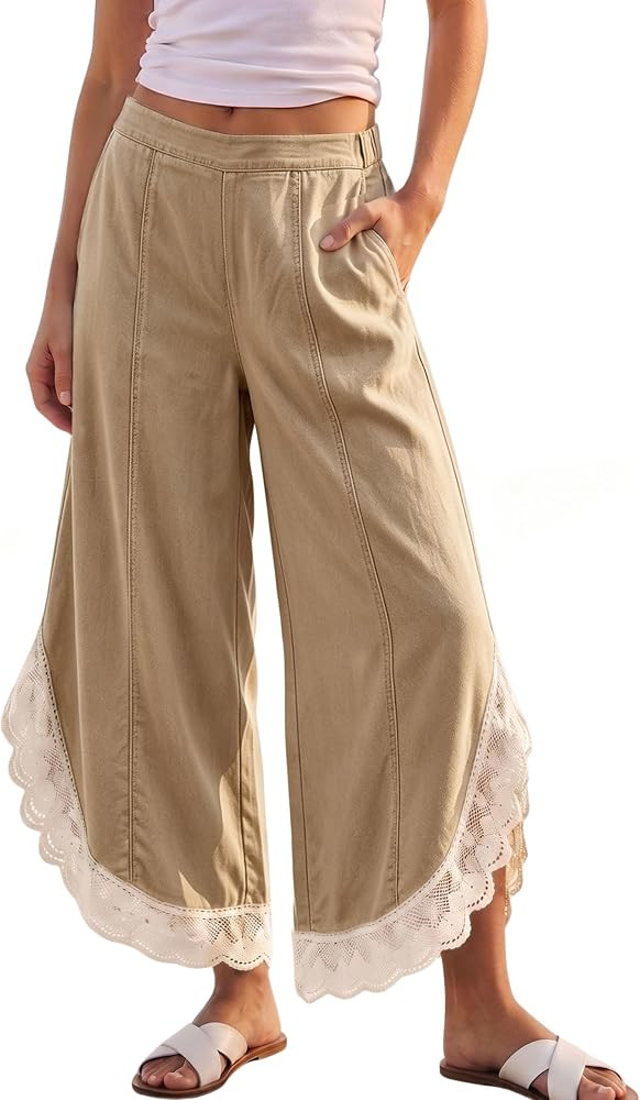 Hooever Women's Lace Trim Cotton Wide Leg Pants High Waist Palazzo Trouser | Amazon (US)