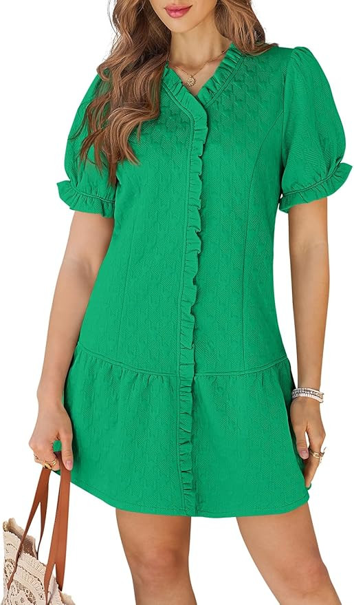 Wenrine Womens Casual Mini Dress Textured Puff Short Sleeve V Neck Ruffle Loose A Line Spring Dre... | Amazon (US)