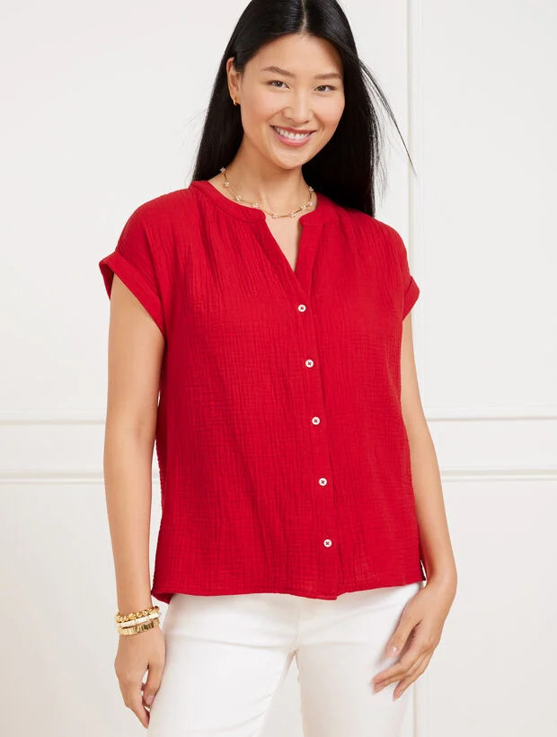 Band Collar Button Front Top | Talbots
