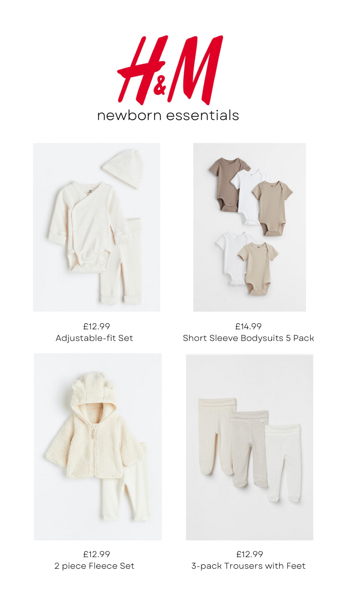 H&M NEWBORN ESSENTIALS

• adjustable fit for your growing baby
• plenty of bodysuits to keep warm
• comfy fleece jackets for colder weather
• trousers with attached feet as socks slip off 

👶🏼☁️✨


#LTKunder50 #LTKbaby #LTKbump
