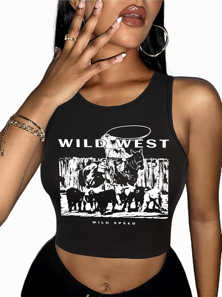 Avanova Women Ribbed Knit Graphic Crop Top Sleeveless Sexy Summer Tank Shirt | Amazon (US)