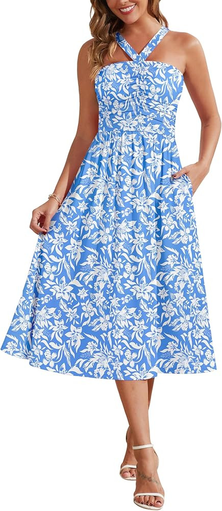 Zattcas Womens 2026 Summer Criss Cross Ruched Halter Midi Dress Flowy A Line Beach Long Floral Su... | Amazon (US)