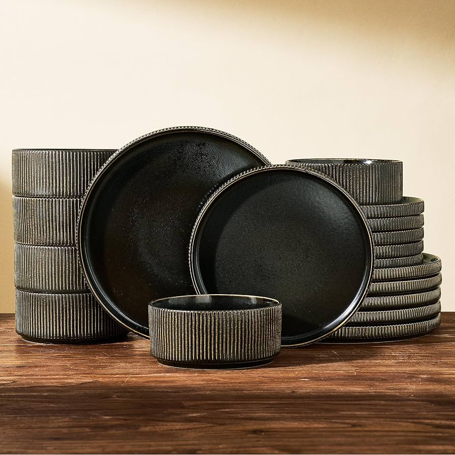 Dinnerware Set for 6, Ceramic Ribbed Plates, Bowls, Dishes | Amazon (US)