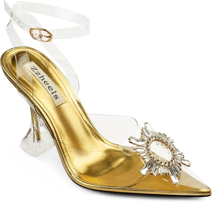 Zzheels Women's High Heel Crystal Slingback Pumps Pointed Toe Strappy Sandals for Party Dating | Amazon (US)