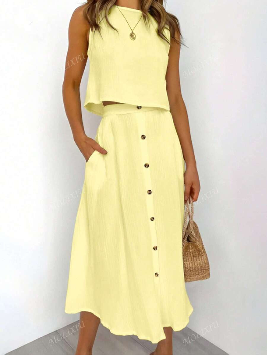 2pcs/Set Women Spring/Summer Solid Color Sleeveless Top + Casual Loose Front Button Decor A-Line ... | SHEIN