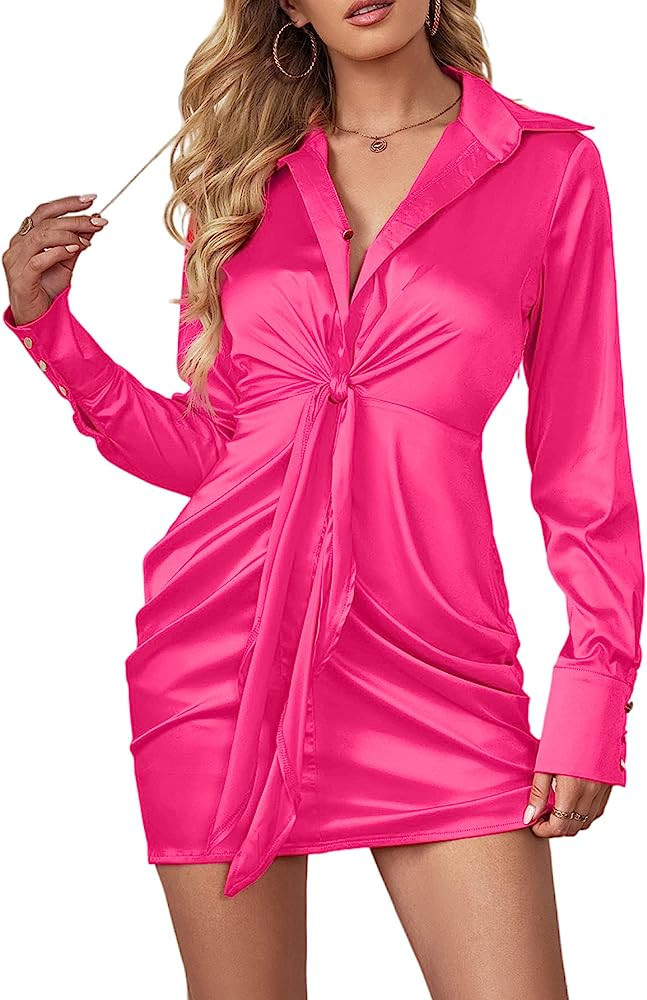 LYANER Women's Leopard Satin Deep Collar V Neck Tie Front Long Sleeve Mini Party Dress | Amazon (US)