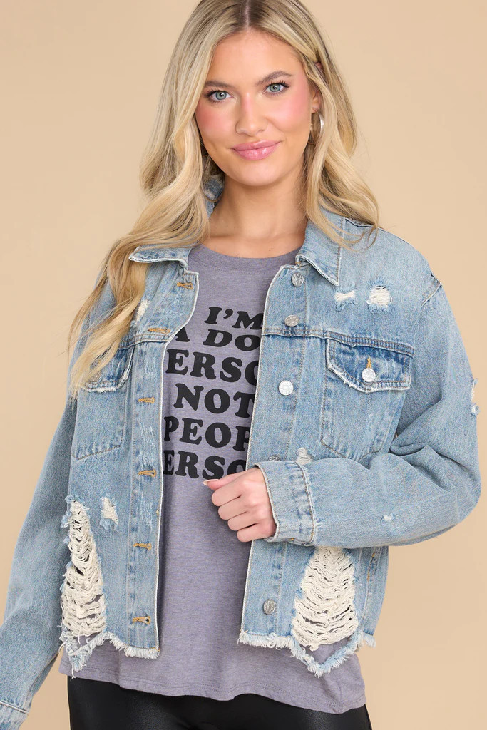 Daring In This Medium Wash Distressed Denim Jacket | Red Dress 