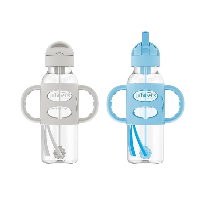 Dr. Brown's Sippy Straw Bottle with Silicone Handles, Gray & Blue, 8 Oz (Pack of 2) | Amazon (US)