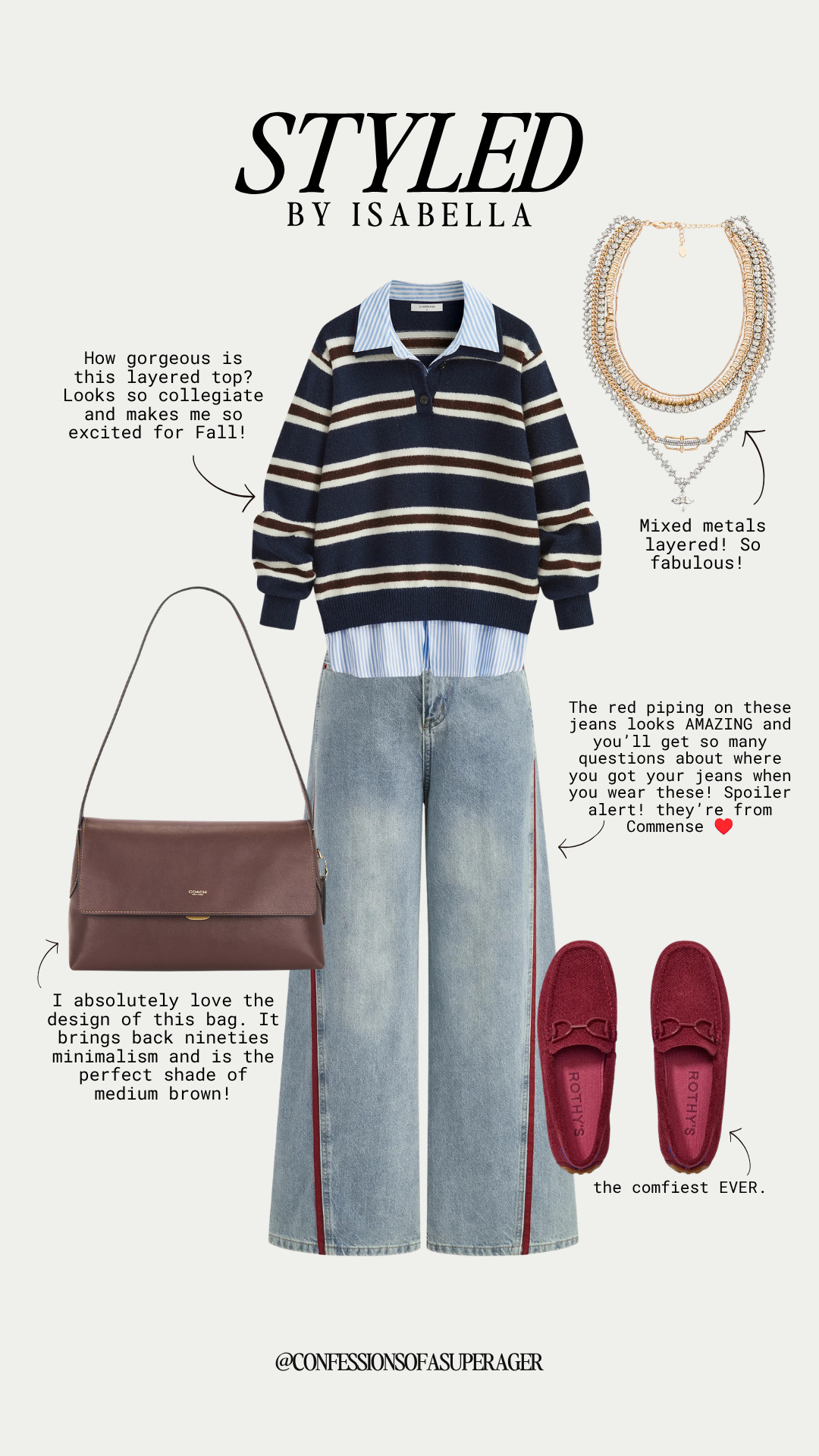 Preppy style is having a major moment, and I'm here for it! 🍂 This striped layered sweater, statement red stripe jeans, rich brown shoulder bag, and comfy loafers create the perfect elevated casual look for Fall. Effortless, timeless, and easy to wear from coffee dates to weekends—tap to shop every piece before it sells out! 🤎✨ 

 #LTKStyle #LTKFashion #FallFashion #PreppyStyle #CollegiateStyle #LayeredLook #StripedSweater #WideLegJeans #DenimStyle #CasualChic #EverydayOutfit #CapsuleWardrobe #ClassicStyle #QuietLuxury #BrownAccessories #Loafers #WeekendStyle #TransitionalStyle #FashionOver40 #FashionOver50 #AgelessStyle #StyleInspiration #ConfessionsOfASuperAger

#LTKootd #LTKSeasonal #LTKOver40